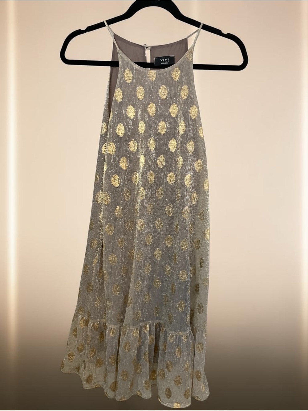 VICI Collection by TYCHE of Los Angeles Metallic Gold Polka Dot Mesh Dress